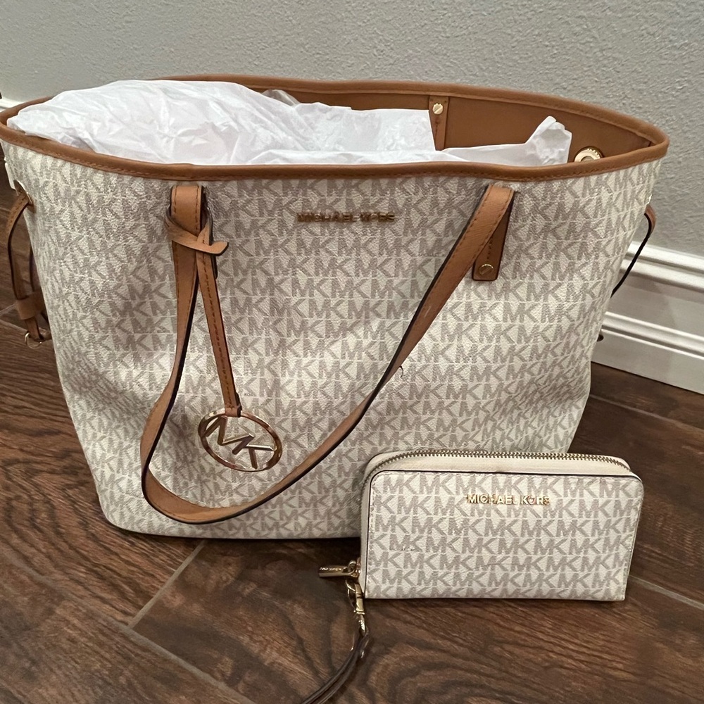 Michael Kors Cream and Tan Signature Tote with Wallet